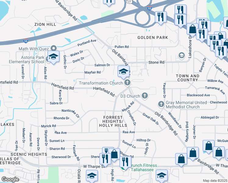 map of restaurants, bars, coffee shops, grocery stores, and more near 1714 Hartsfield Road in Tallahassee