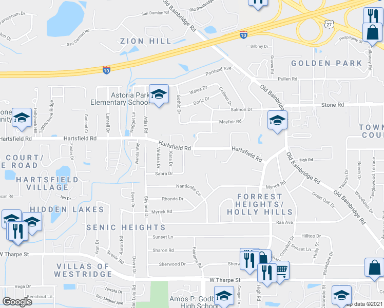 map of restaurants, bars, coffee shops, grocery stores, and more near 2323 Vincent Drive in Tallahassee