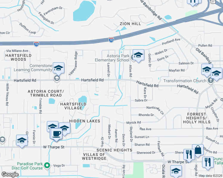 map of restaurants, bars, coffee shops, grocery stores, and more near 2348 Hartsfield Way in Tallahassee