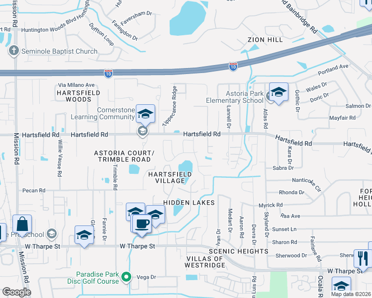 map of restaurants, bars, coffee shops, grocery stores, and more near 2445 Jolene Lane in Tallahassee