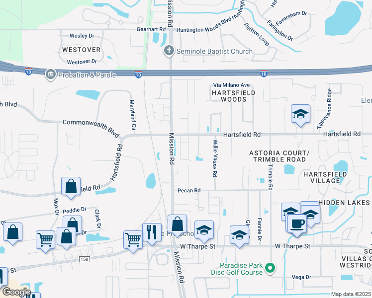 map of restaurants, bars, coffee shops, grocery stores, and more near 2262 Del Carmel Way in Tallahassee