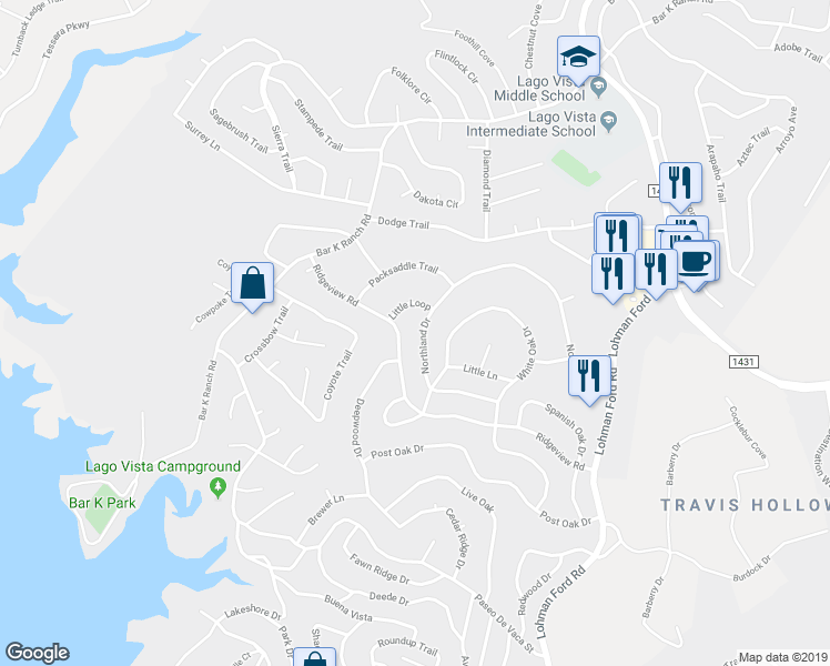 map of restaurants, bars, coffee shops, grocery stores, and more near 21114 Northland Drive in Lago Vista