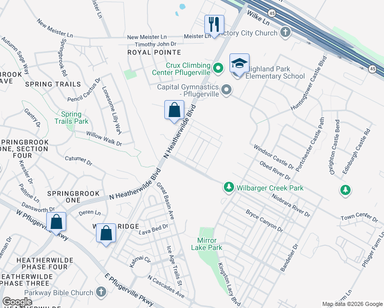 map of restaurants, bars, coffee shops, grocery stores, and more near 18313 Congaree Street in Pflugerville