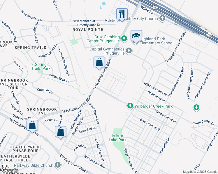map of restaurants, bars, coffee shops, grocery stores, and more near 18313 Congaree Street in Pflugerville
