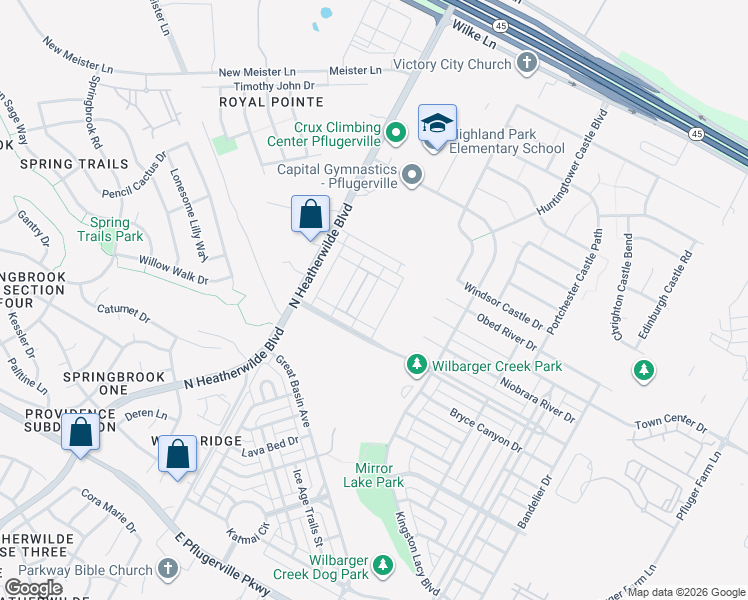 map of restaurants, bars, coffee shops, grocery stores, and more near 18332 Catoctin Drive in Pflugerville