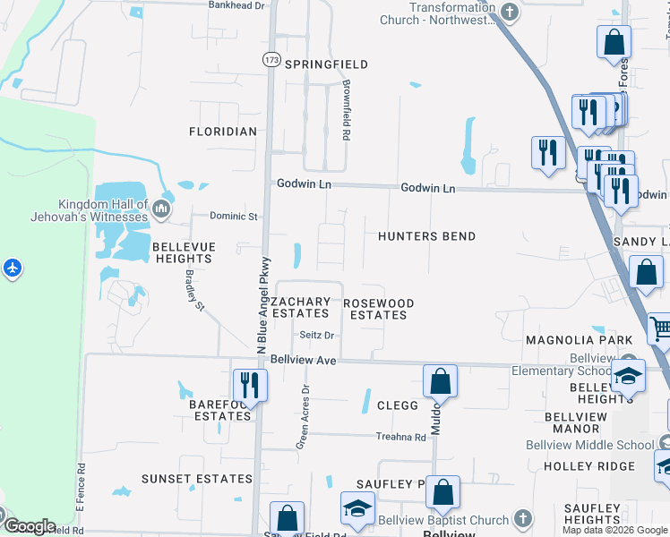 map of restaurants, bars, coffee shops, grocery stores, and more near 5172 Zachary Boulevard in Pensacola