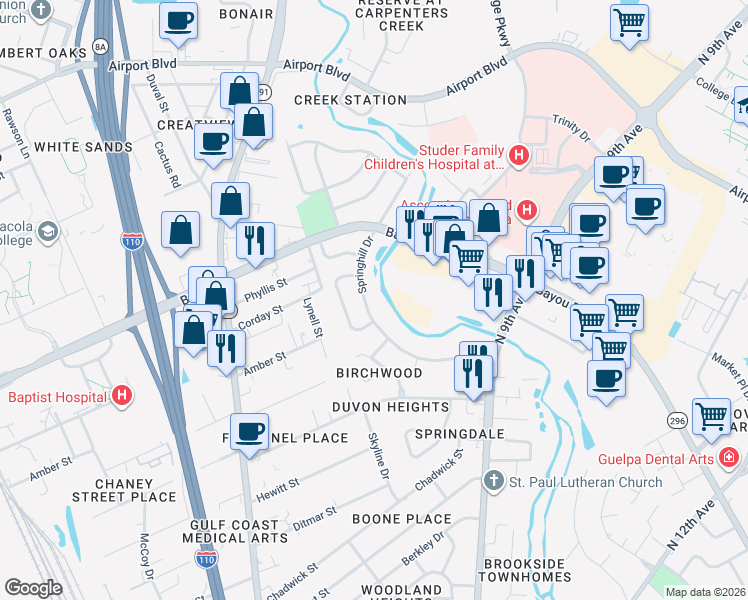 map of restaurants, bars, coffee shops, grocery stores, and more near 5086 Springhill Drive in Pensacola