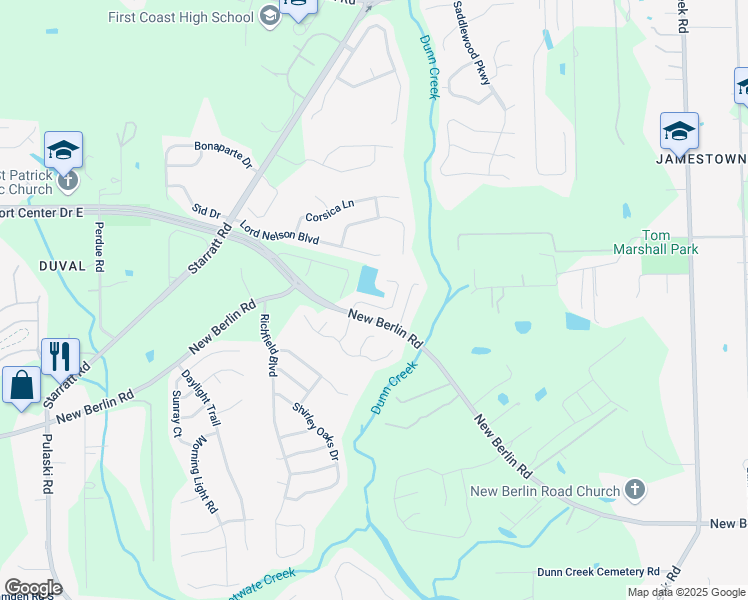 map of restaurants, bars, coffee shops, grocery stores, and more near 12774 Dunns View Drive in Jacksonville