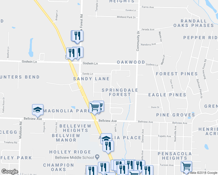 map of restaurants, bars, coffee shops, grocery stores, and more near 1071 Simpson Street in Pensacola