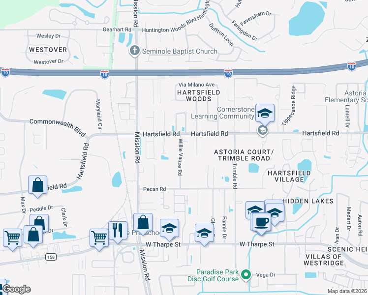 map of restaurants, bars, coffee shops, grocery stores, and more near 2208-2212 Willie Vause Road in Tallahassee