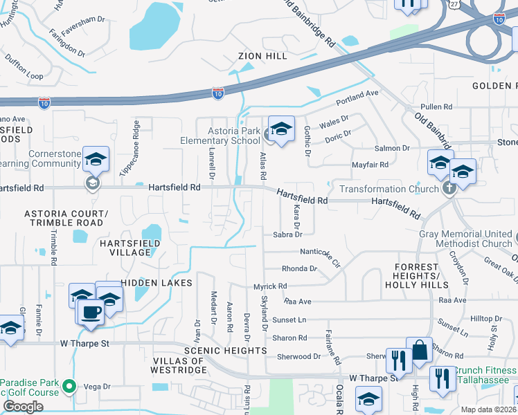 map of restaurants, bars, coffee shops, grocery stores, and more near 2335 Skyland Drive in Tallahassee