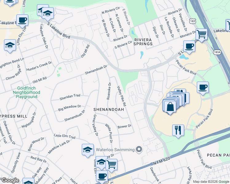 map of restaurants, bars, coffee shops, grocery stores, and more near 3408 Valley Pike Road in Cedar Park