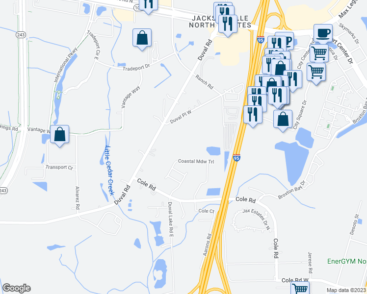 map of restaurants, bars, coffee shops, grocery stores, and more near 14476 Duval Place West in Jacksonville