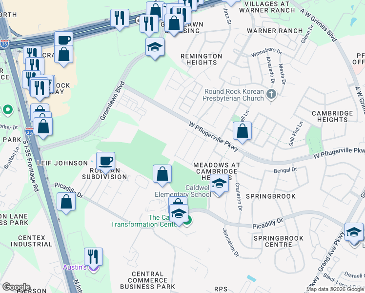 map of restaurants, bars, coffee shops, grocery stores, and more near 17010 Gibbons Path in Round Rock