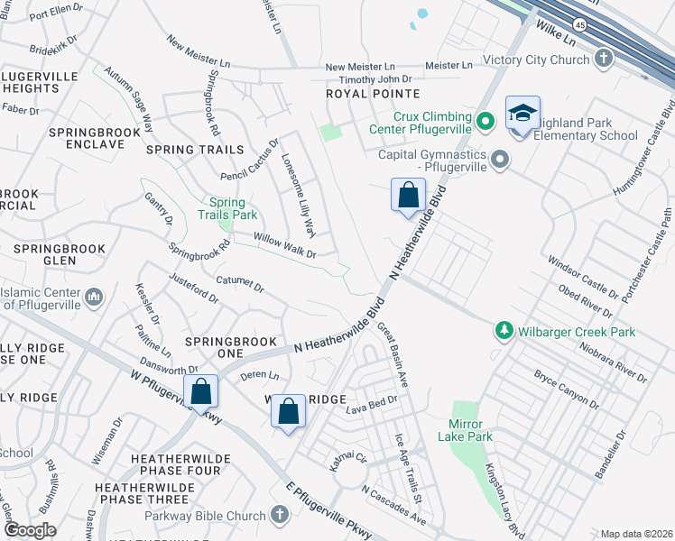 map of restaurants, bars, coffee shops, grocery stores, and more near 19333 Pencil Cactus Drive in Pflugerville