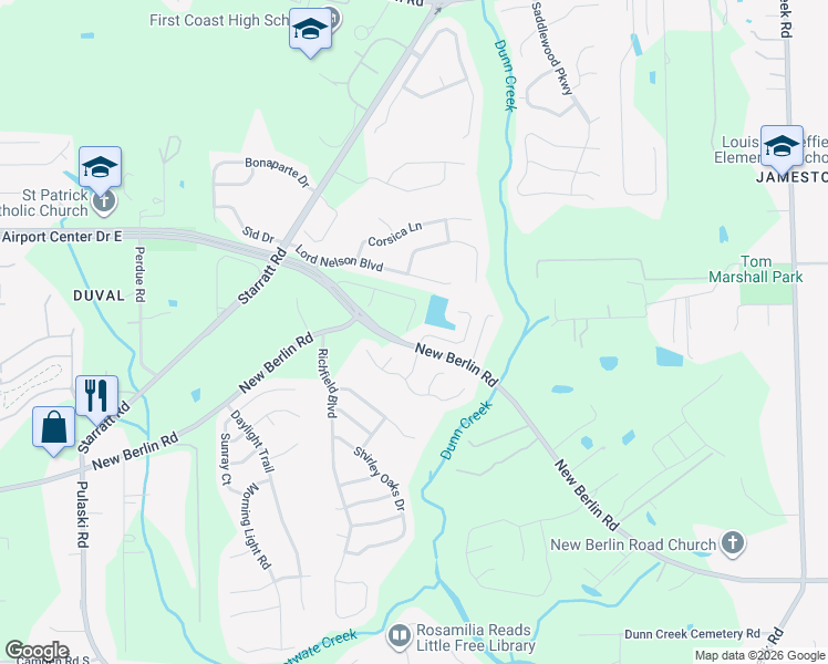 map of restaurants, bars, coffee shops, grocery stores, and more near 12759 Dunns View Drive in Jacksonville