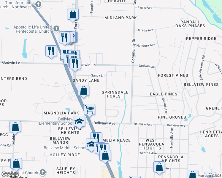 map of restaurants, bars, coffee shops, grocery stores, and more near 1516 Galvin Avenue in Pensacola