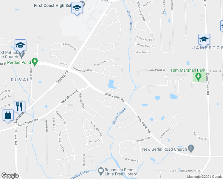 map of restaurants, bars, coffee shops, grocery stores, and more near 12766 Dunns View Drive in Jacksonville