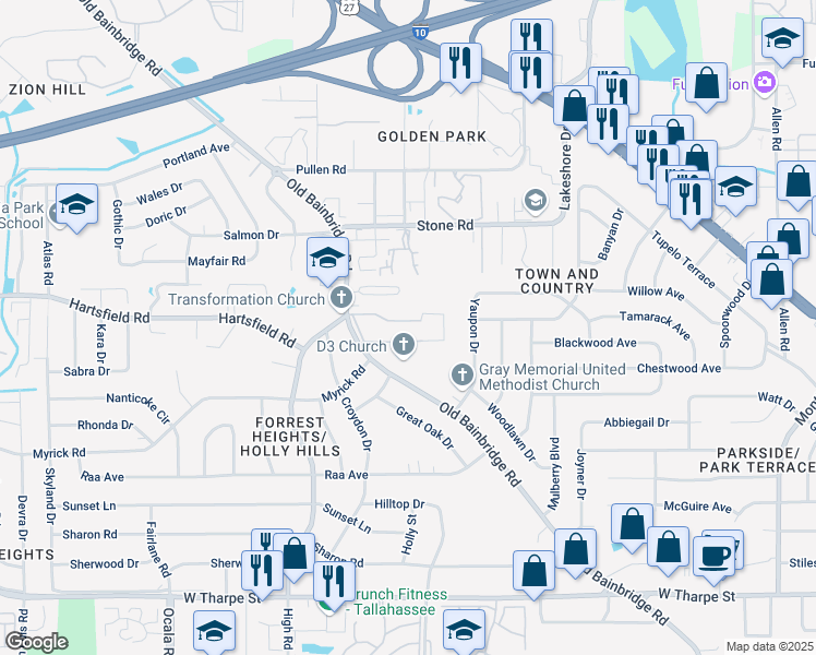 map of restaurants, bars, coffee shops, grocery stores, and more near 2301 Old Bainbridge Road in Tallahassee