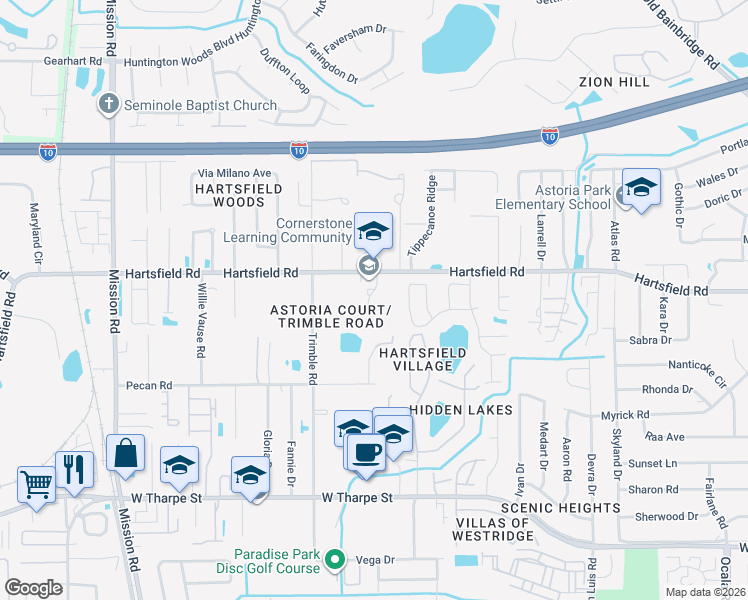 map of restaurants, bars, coffee shops, grocery stores, and more near 2525 Hartsfield Road in Tallahassee