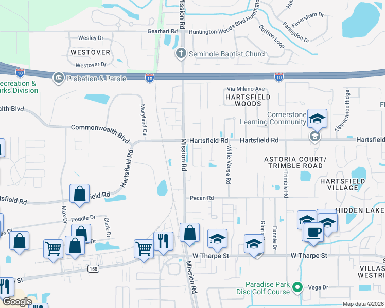 map of restaurants, bars, coffee shops, grocery stores, and more near 2262 Del Carmel Way in Tallahassee