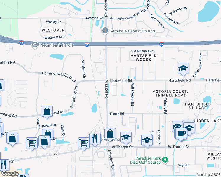 map of restaurants, bars, coffee shops, grocery stores, and more near 2262 Del Carmel Way in Tallahassee