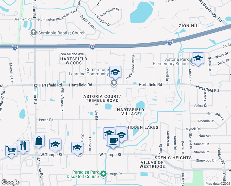 map of restaurants, bars, coffee shops, grocery stores, and more near 2525 Hartsfield Road in Tallahassee