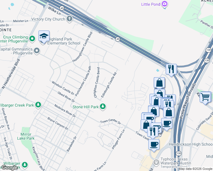 map of restaurants, bars, coffee shops, grocery stores, and more near 18900 Edinburgh Castle Road in Pflugerville