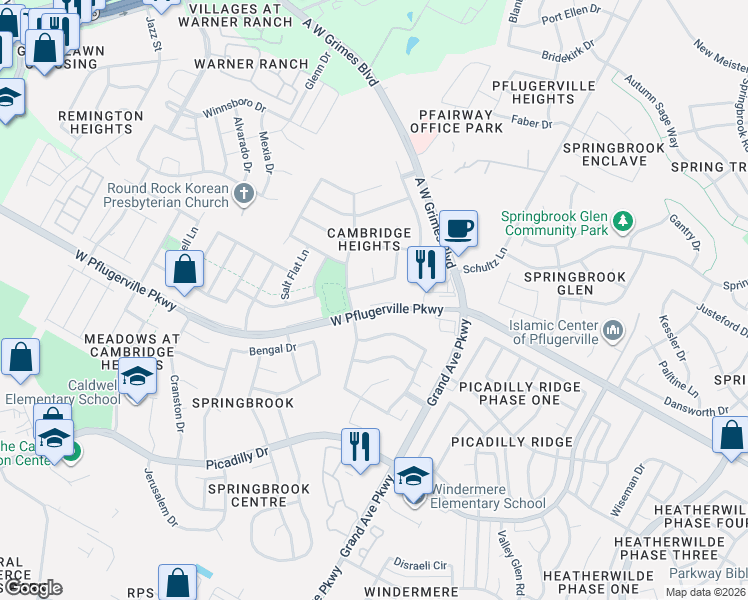 map of restaurants, bars, coffee shops, grocery stores, and more near 17501 Marfa Lights Trail in Round Rock