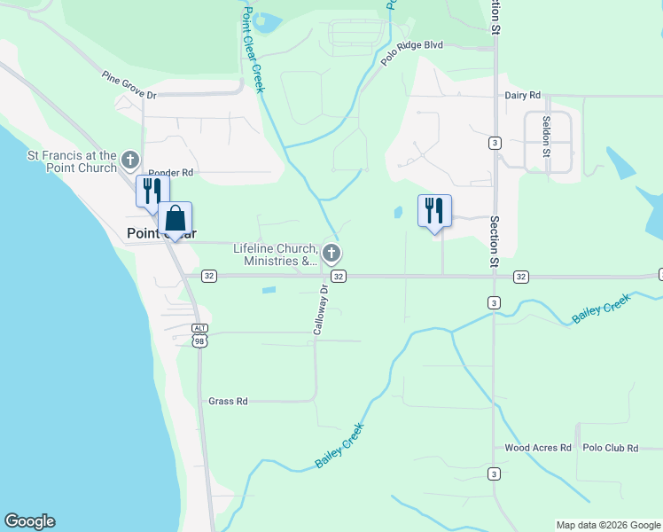 map of restaurants, bars, coffee shops, grocery stores, and more near 6537 County Road 32 in Point Clear