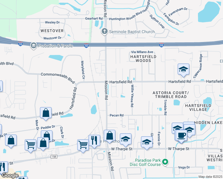 map of restaurants, bars, coffee shops, grocery stores, and more near 2262 Del Carmel Way in Tallahassee