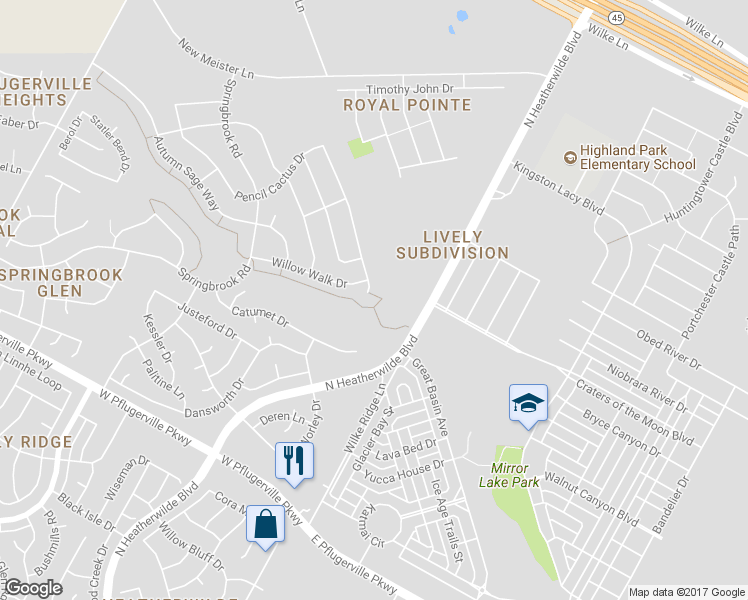 map of restaurants, bars, coffee shops, grocery stores, and more near 19333 Pencil Cactus Drive in Pflugerville