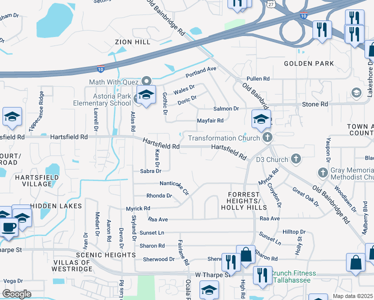 map of restaurants, bars, coffee shops, grocery stores, and more near 2309 La Rue Court in Tallahassee