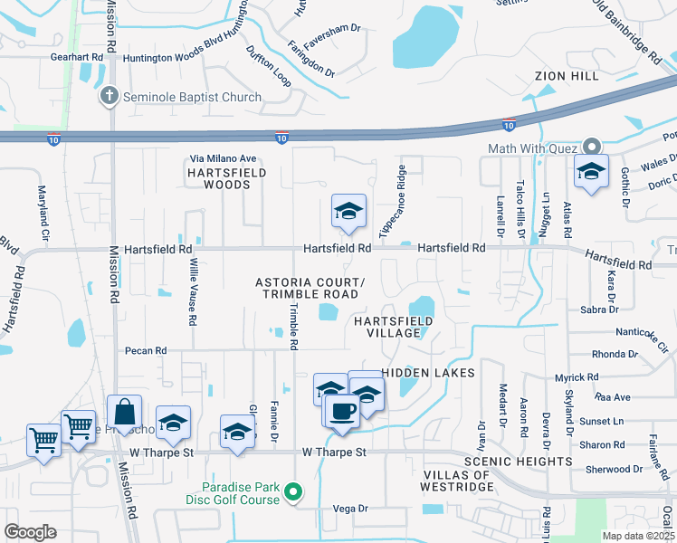 map of restaurants, bars, coffee shops, grocery stores, and more near 2525 Hartsfield Road in Tallahassee