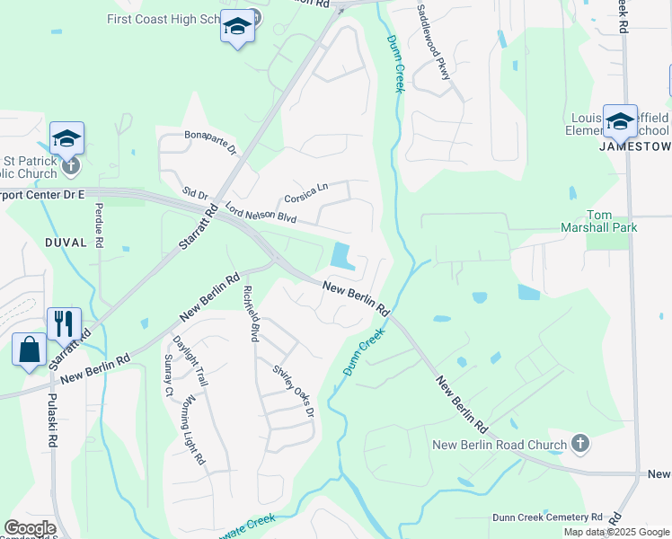 map of restaurants, bars, coffee shops, grocery stores, and more near 12758 Dunns View Drive in Jacksonville