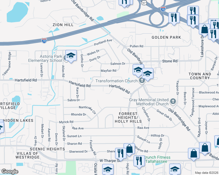 map of restaurants, bars, coffee shops, grocery stores, and more near 2320 Aljonias Place in Tallahassee