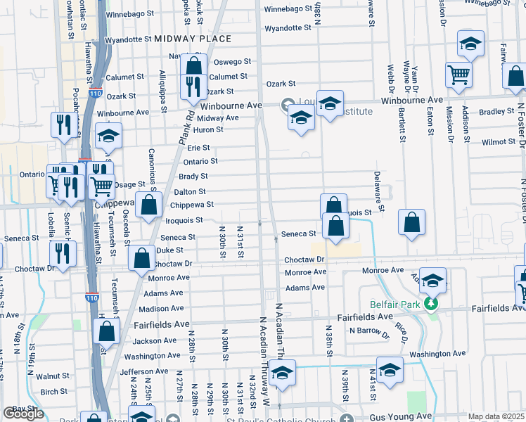 map of restaurants, bars, coffee shops, grocery stores, and more near 2756 North Acadian Thruway in Baton Rouge