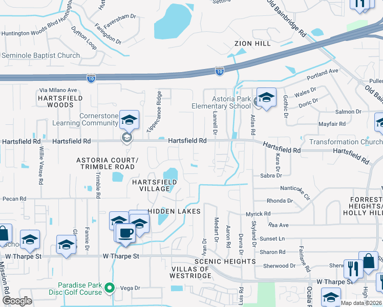 map of restaurants, bars, coffee shops, grocery stores, and more near 2412 Solstice Court in Tallahassee