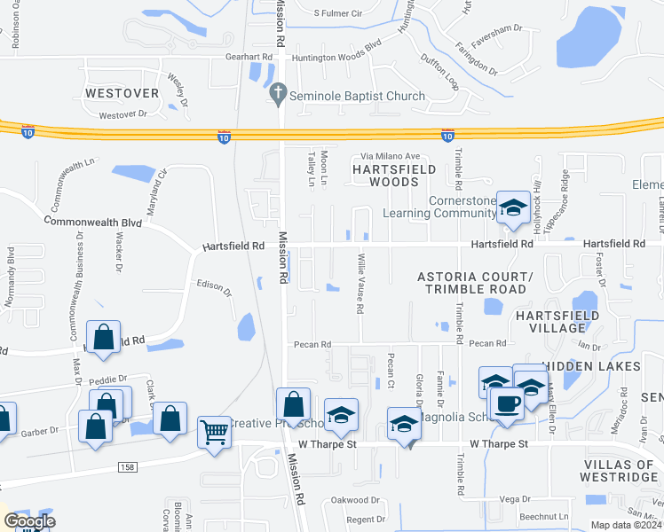 map of restaurants, bars, coffee shops, grocery stores, and more near 2207 Cedarbrook Court in Tallahassee