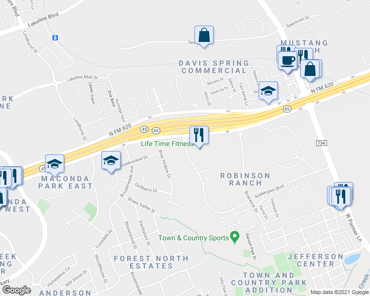 map of restaurants, bars, coffee shops, grocery stores, and more near 9601 Amberglen Boulevard in Austin