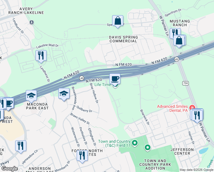 map of restaurants, bars, coffee shops, grocery stores, and more near 9601 Amberglen Boulevard in Austin