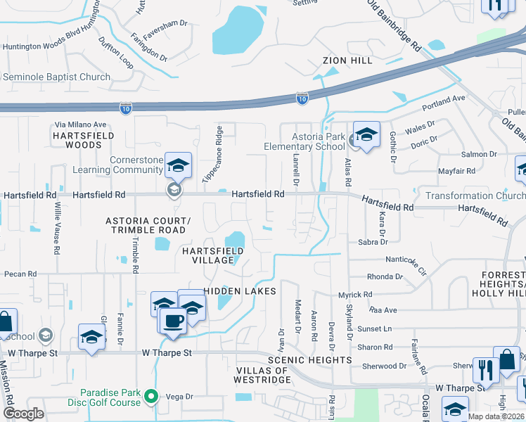 map of restaurants, bars, coffee shops, grocery stores, and more near 2412 Solstice Court in Tallahassee