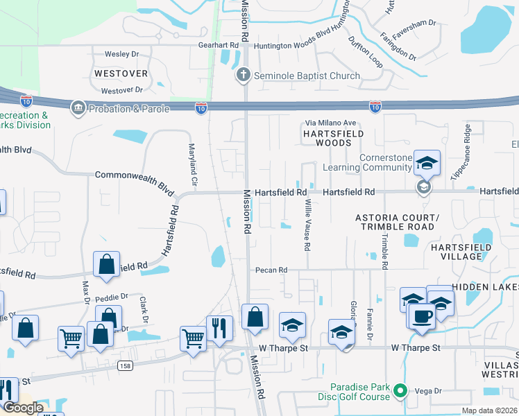 map of restaurants, bars, coffee shops, grocery stores, and more near 2262 Del Carmel Way in Tallahassee