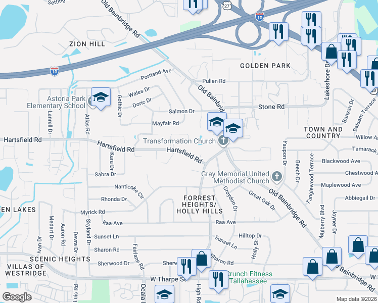 map of restaurants, bars, coffee shops, grocery stores, and more near 1801 Hartsfield Road in Tallahassee