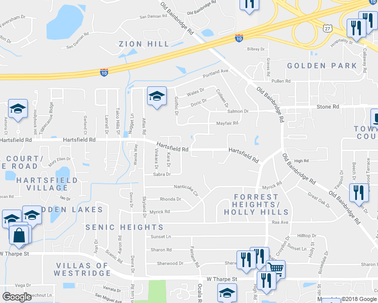 map of restaurants, bars, coffee shops, grocery stores, and more near 2348 La Rue Court in Tallahassee