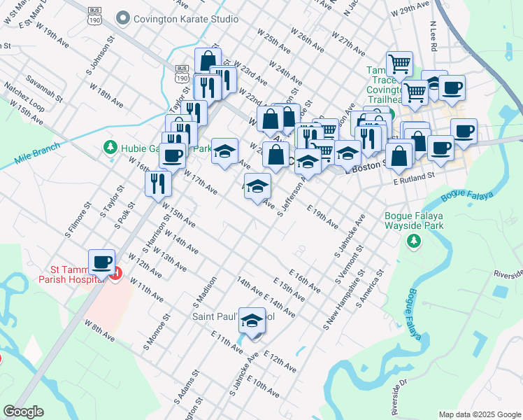 map of restaurants, bars, coffee shops, grocery stores, and more near 415 South Jefferson Avenue in Covington