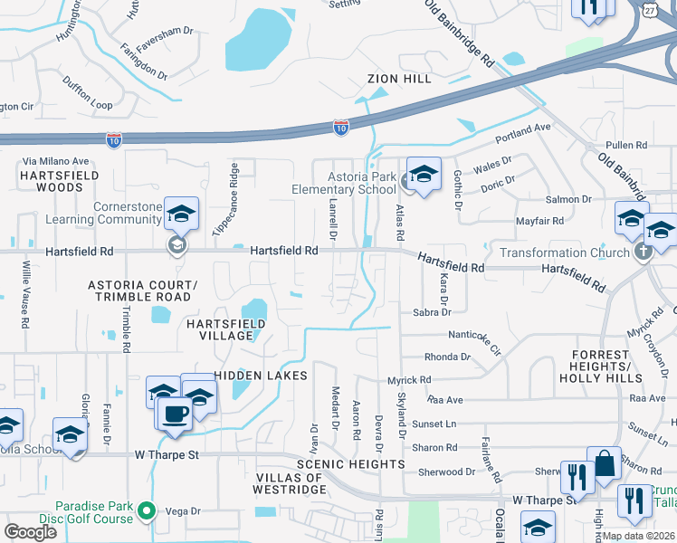 map of restaurants, bars, coffee shops, grocery stores, and more near 2376 Hartsfield Way in Tallahassee