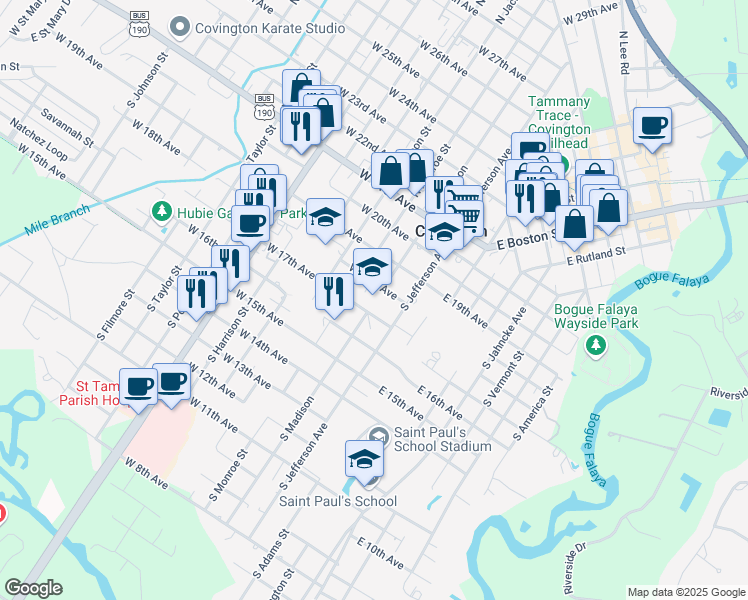 map of restaurants, bars, coffee shops, grocery stores, and more near 415 South Jefferson Avenue in Covington