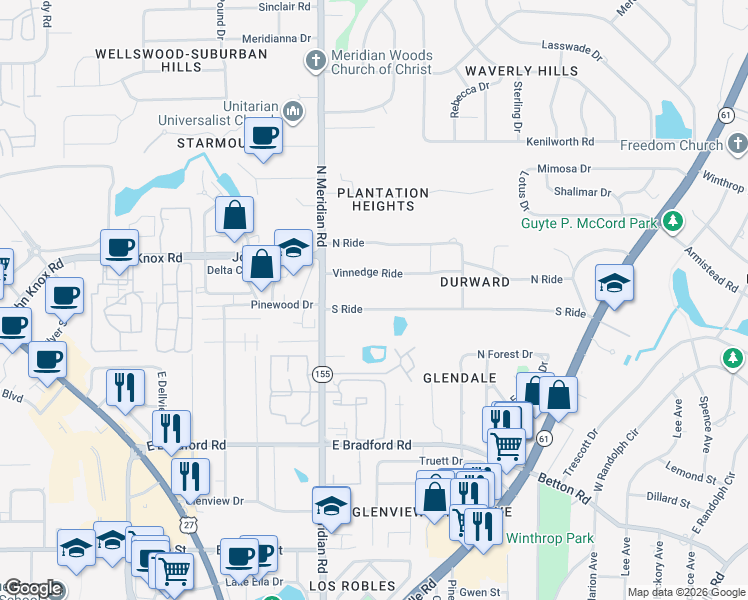 map of restaurants, bars, coffee shops, grocery stores, and more near 417 South Ride in Tallahassee