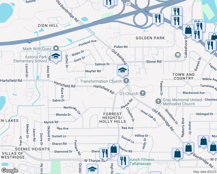 map of restaurants, bars, coffee shops, grocery stores, and more near 1714 Hartsfield Road in Tallahassee